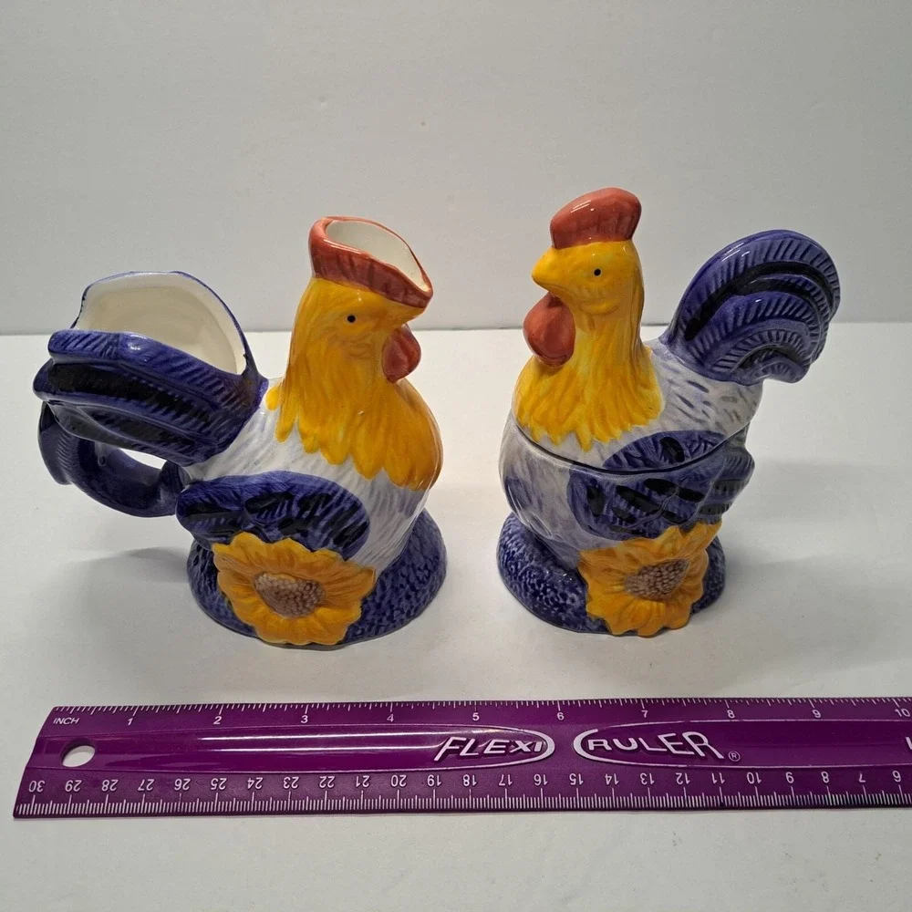 VTG 3 pc Avon Rooster Sunflower Coffee Creamer Sugar Set Ceramic 5.5